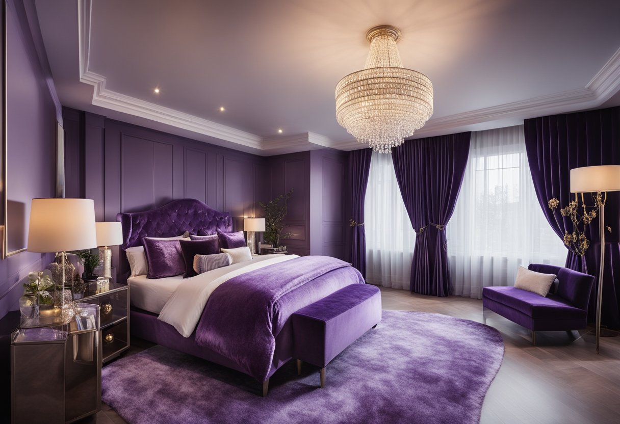 A cozy purple bedroom with a plush velvet bed, matching curtains, and a glittering chandelier. The walls are adorned with framed artwork and the floor is covered in a soft, fluffy rug