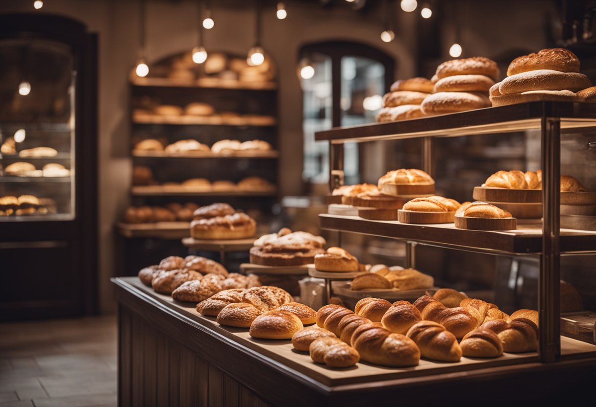 A cozy French bakery with rustic wooden tables, vintage bistro chairs, and a display of freshly baked pastries and bread. The warm lighting creates a welcoming ambiance for customers
