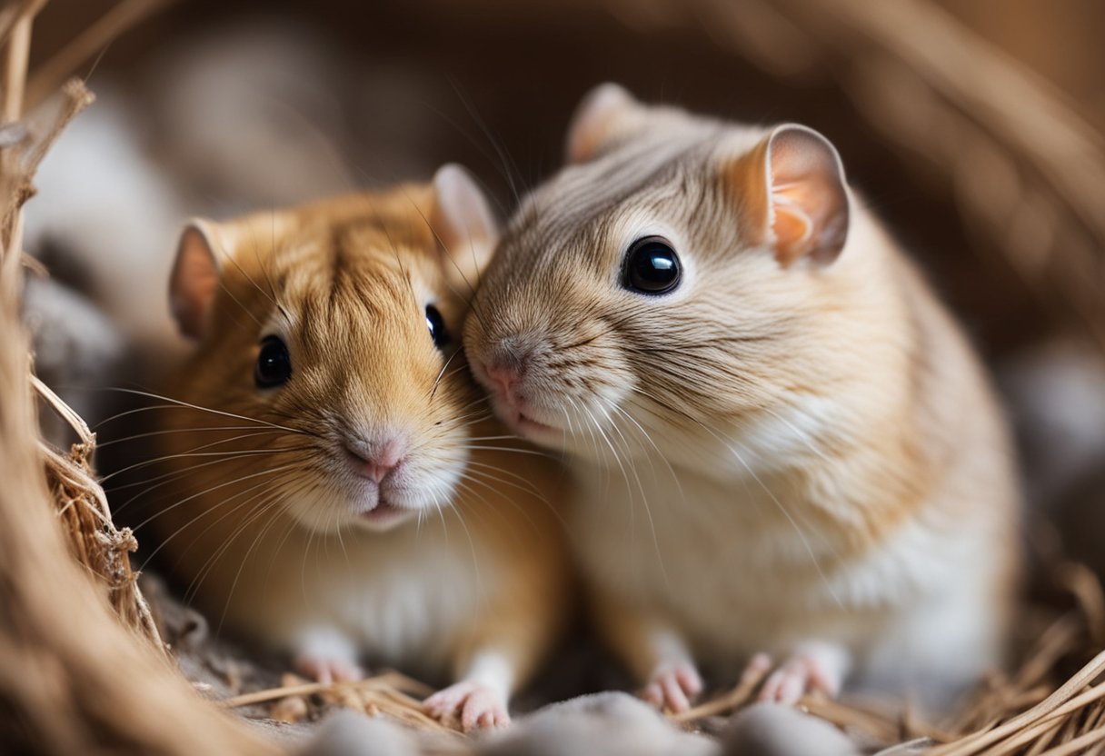 Two gerbils snuggle closely together in their cozy nest, their tiny bodies intertwined in a display of affection