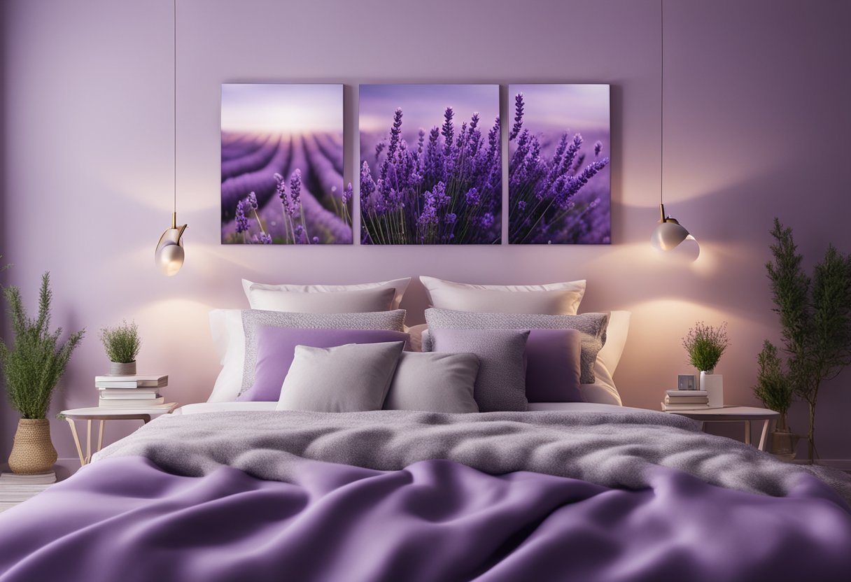 A cozy, lavender bedroom with plush pillows, a fluffy throw blanket, and soft, ambient lighting. A wall adorned with dreamy, abstract art and a vase of fresh lavender completes the tranquil atmosphere