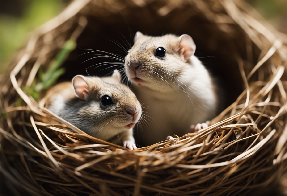 Gerbils huddle together in a cozy nest, grooming each other and playing. They communicate through squeaks and body language, showing affection and forming close bonds
