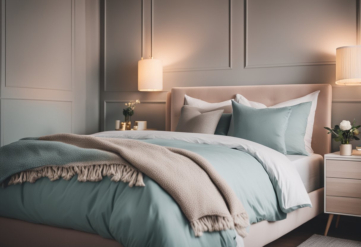 A cozy bedroom with soft, pastel-colored walls, a plush bed with fluffy pillows, and a stylish nightstand with a sleek lamp