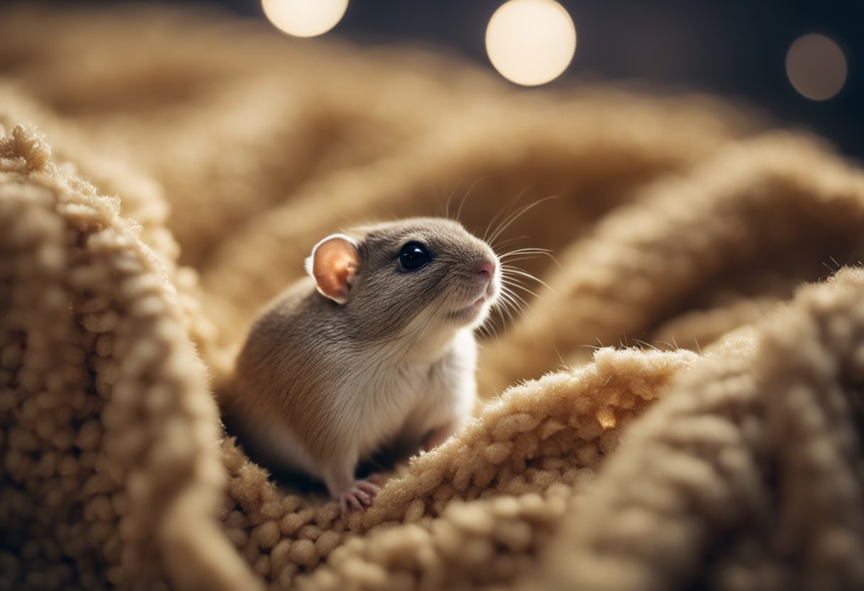 A gerbil snuggles against a warm, fuzzy blanket, its tiny nose twitching as it nuzzles into the soft fabric