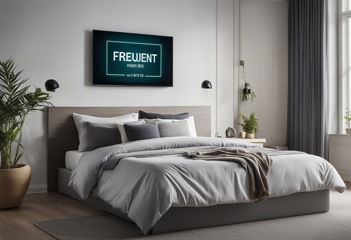 A bedroom with a modern LCD panel mounted on the wall, displaying "Frequently Asked Questions" in sleek typography