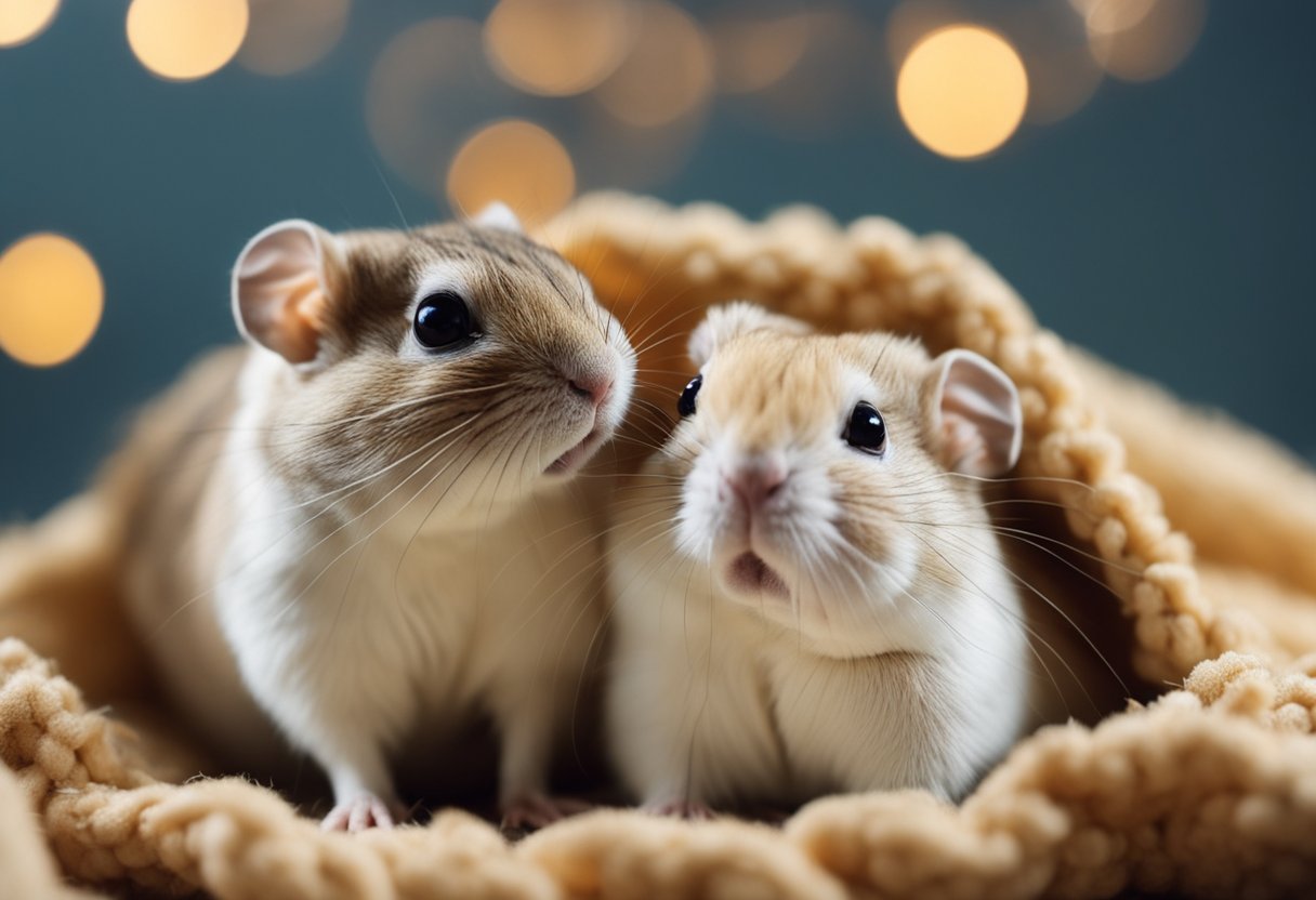 A cozy cage with two gerbils snuggled together in a soft bedding, their tiny noses nuzzling and their tails intertwined