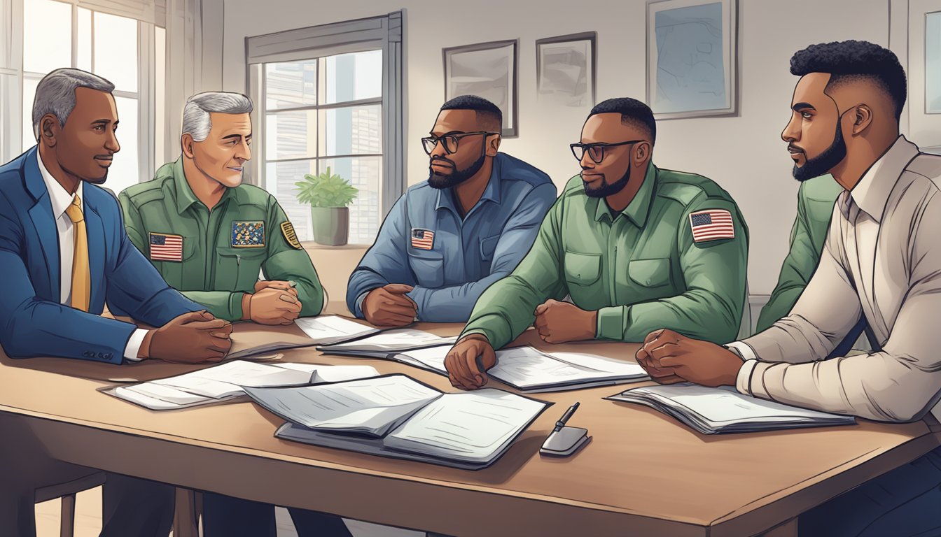 A group of veterans meeting with a loan officer, discussing small business plans and financial options