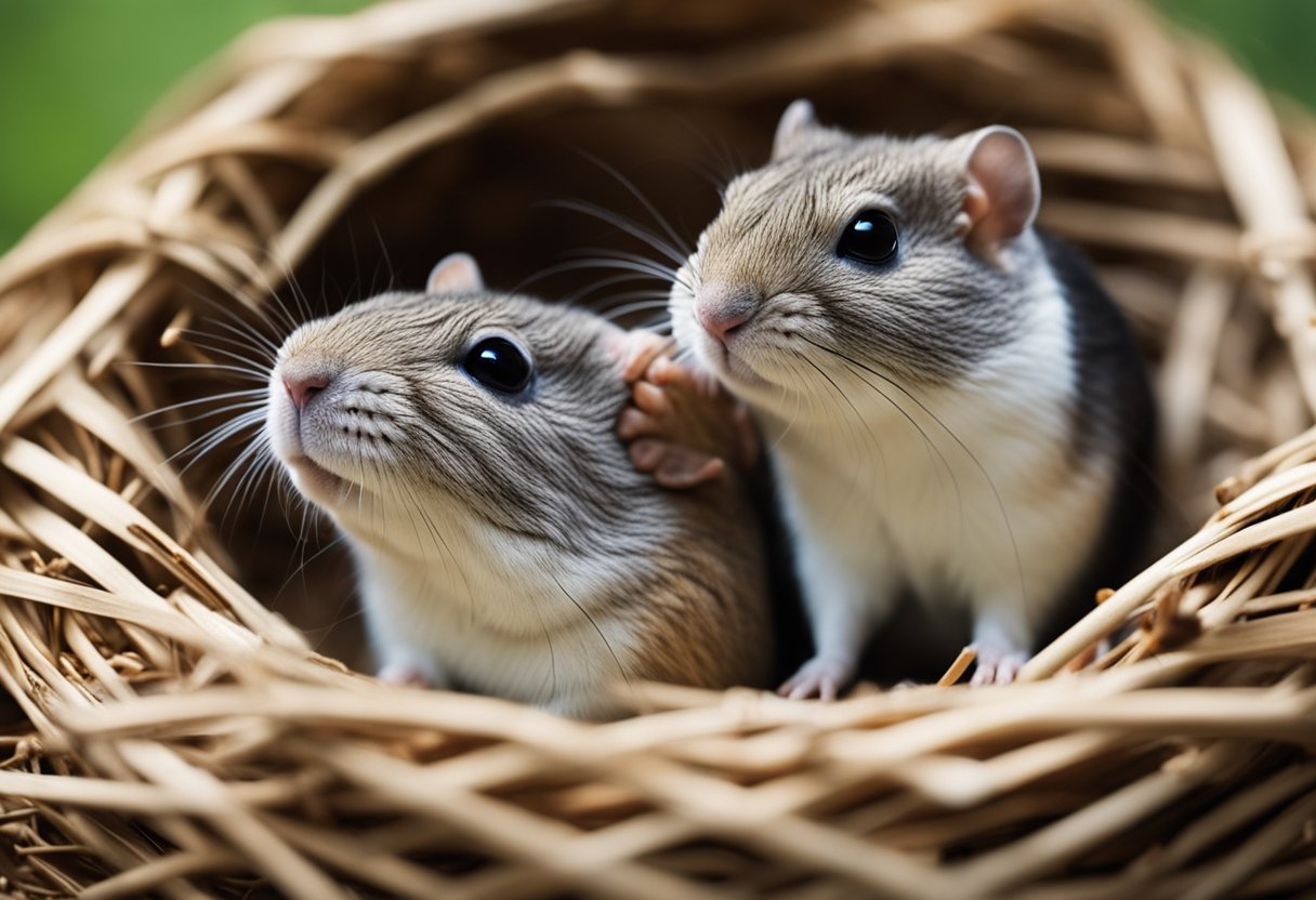 Gerbils cuddle in a cozy nest, nuzzling each other with contented expressions
