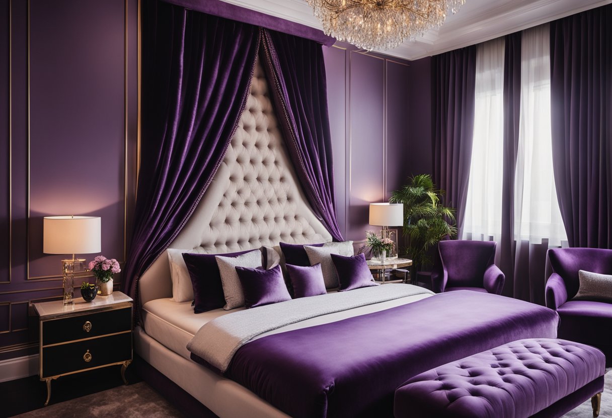 A luxurious purple bedroom with plush velvet curtains, a tufted headboard, and soft ambient lighting for a cozy and elegant atmosphere
