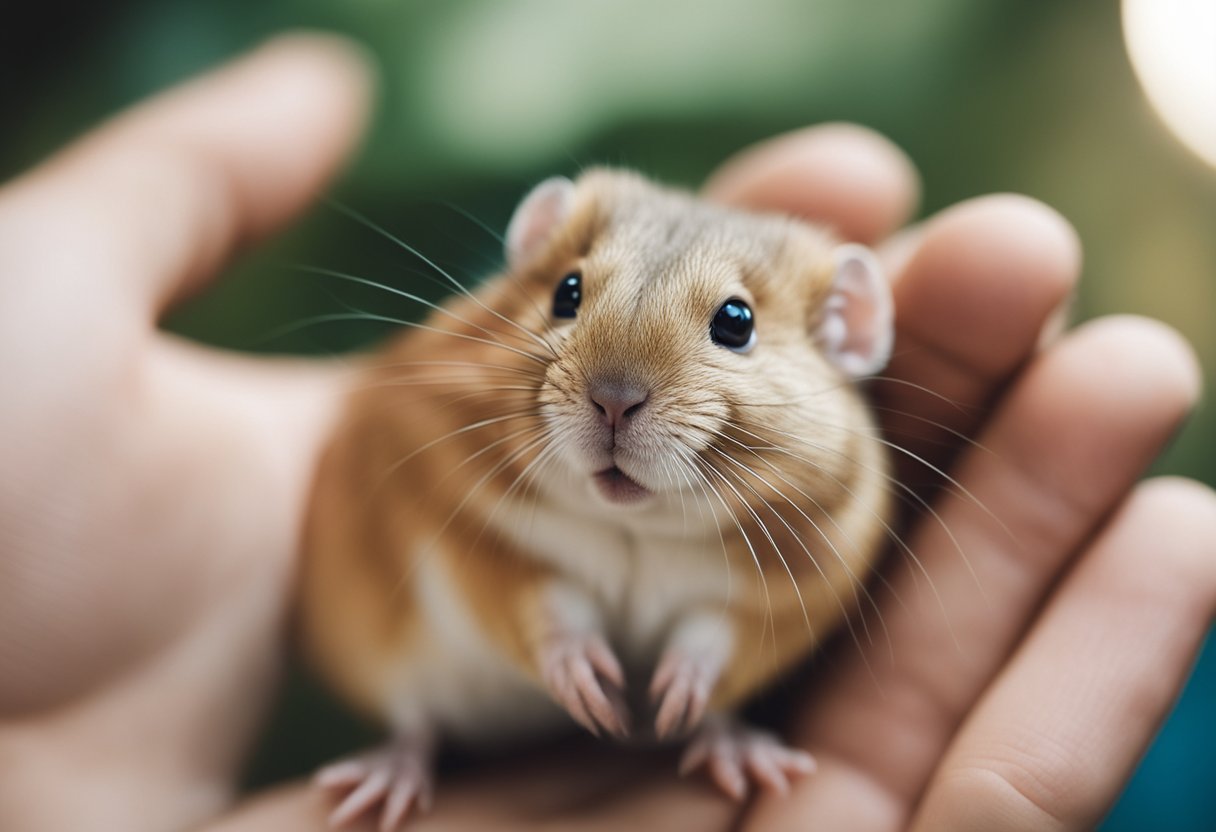 A gerbil snuggles up to its owner, nuzzling into their hand for affection
