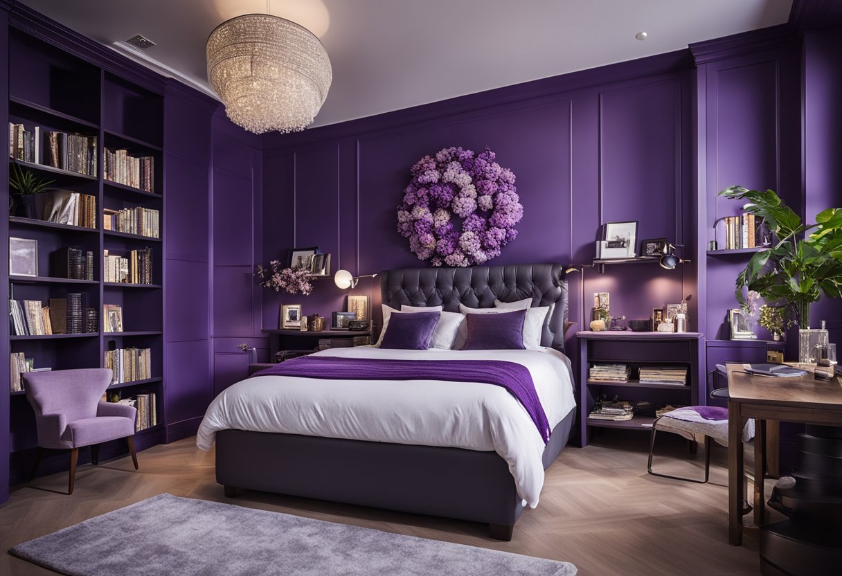 A cozy purple bedroom with a plush bed, floral curtains, and a sleek desk with a computer. The walls are adorned with artwork and shelves filled with books and decorative items