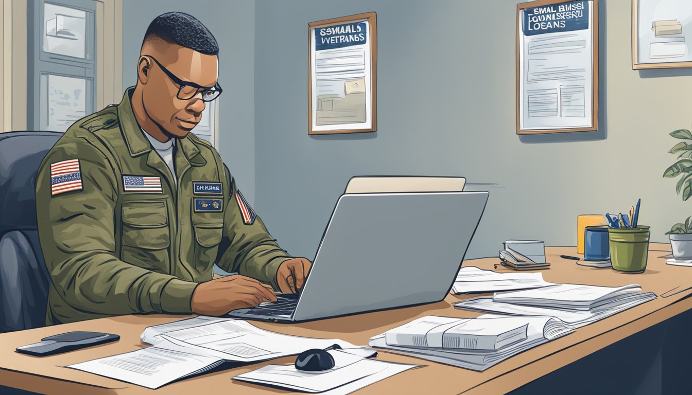 A veteran sits at a desk with a laptop, reviewing information about small business loans. A sign on the wall reads "Small Business Loans for Veterans."