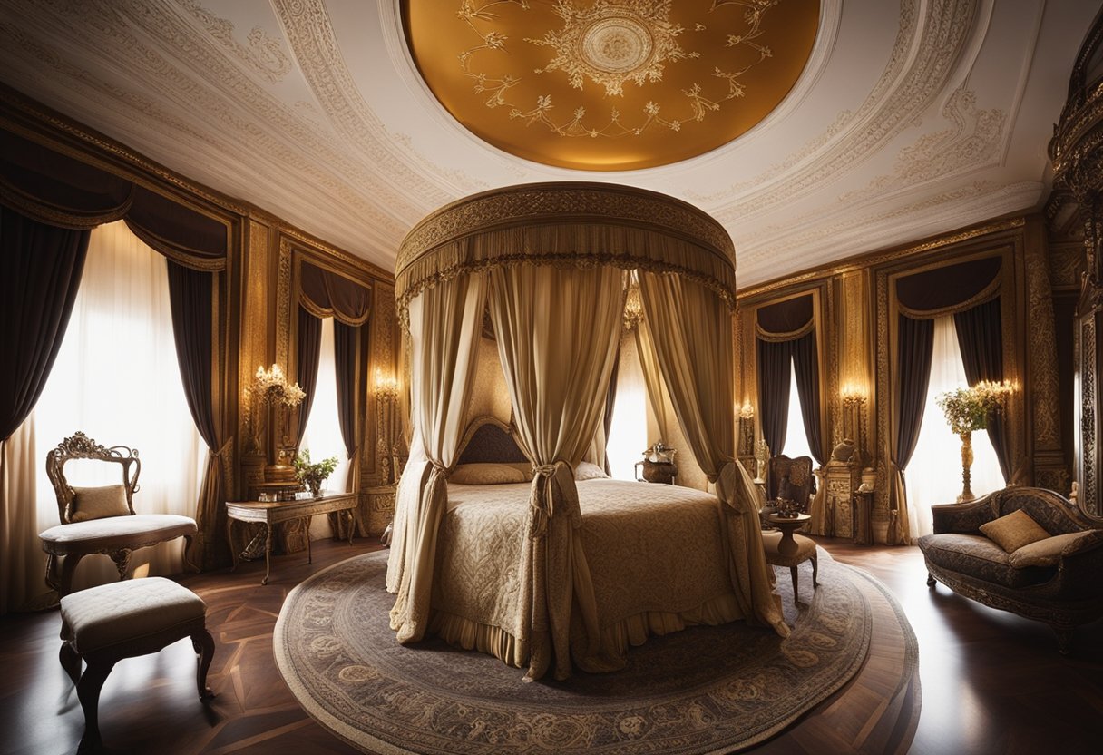 A grand royal bedroom with ornate furniture, rich tapestries, and a canopy bed adorned with luxurious fabrics and intricate carvings