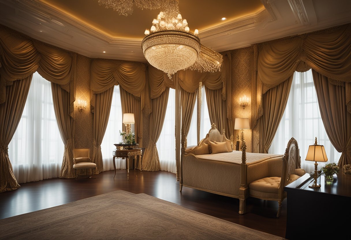 A grand canopy bed sits against a backdrop of luxurious drapes and ornate wallpaper. A chandelier hangs from the ceiling, casting a warm glow over the opulent furnishings