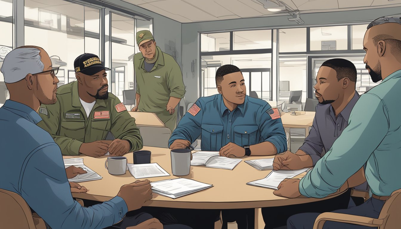 A group of veterans gather around a table, discussing small business loans. A sign in the background reads "Frequently Asked Questions."