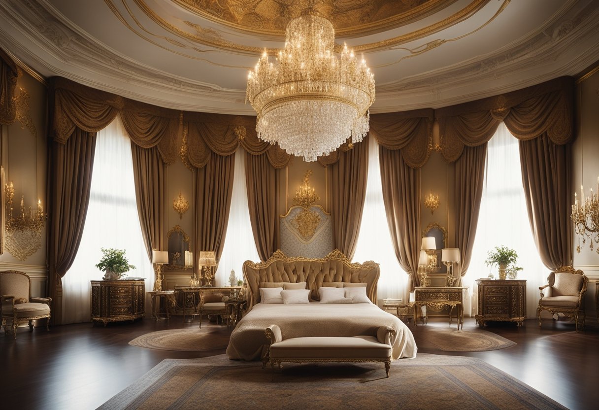 The royal bedroom is adorned with opulent drapes, ornate furniture, and lavish chandeliers, creating a luxurious and regal atmosphere