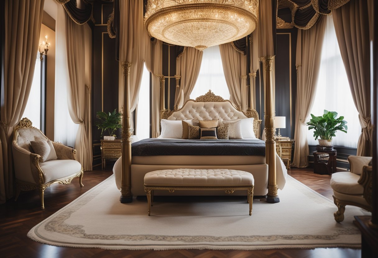A luxurious royal bedroom with ornate furniture, rich fabrics, and elegant decor. A grand canopy bed sits at the center, surrounded by opulent draperies and regal accents