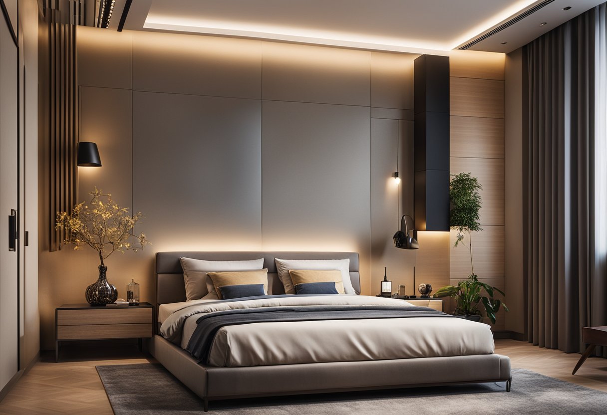 A modern bedroom in Malaysia with sleek furniture, warm lighting, and traditional Malaysian decor
