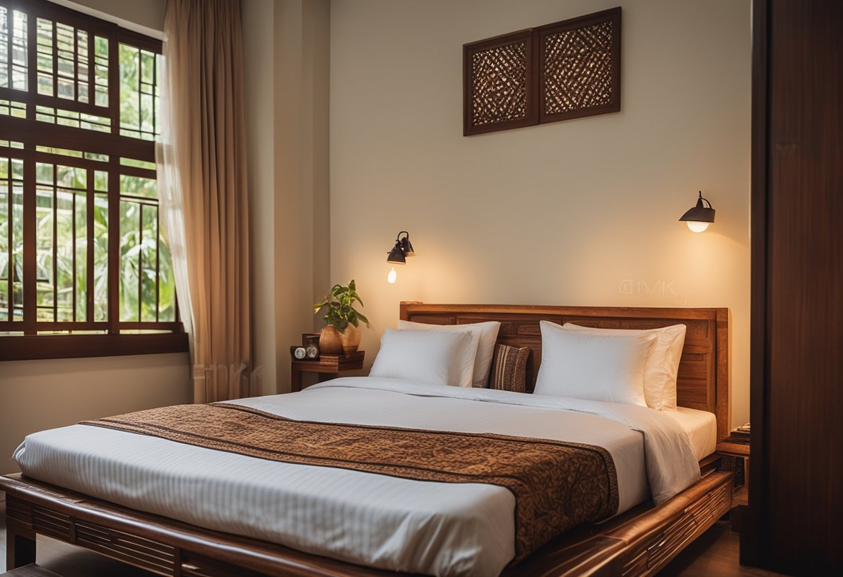 A cozy Malaysian bedroom with traditional wooden furniture, batik textiles, and soft lighting for a peaceful sanctuary