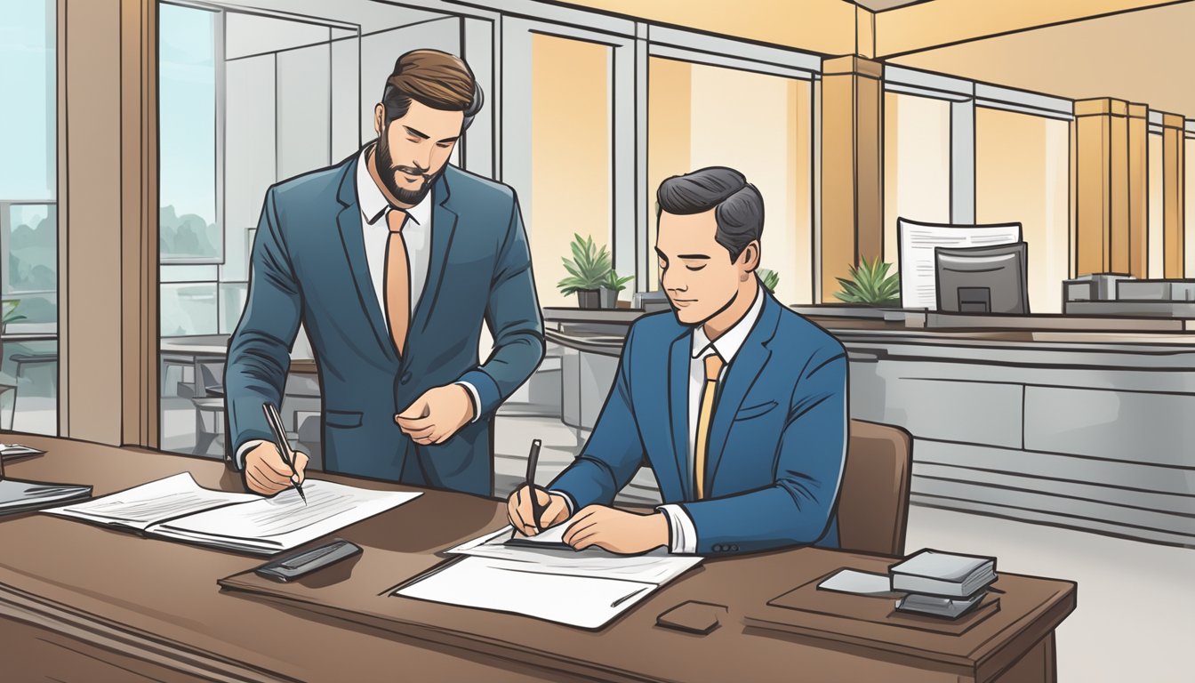 A business owner signing loan documents at a bank, with a banker assisting and discussing terms