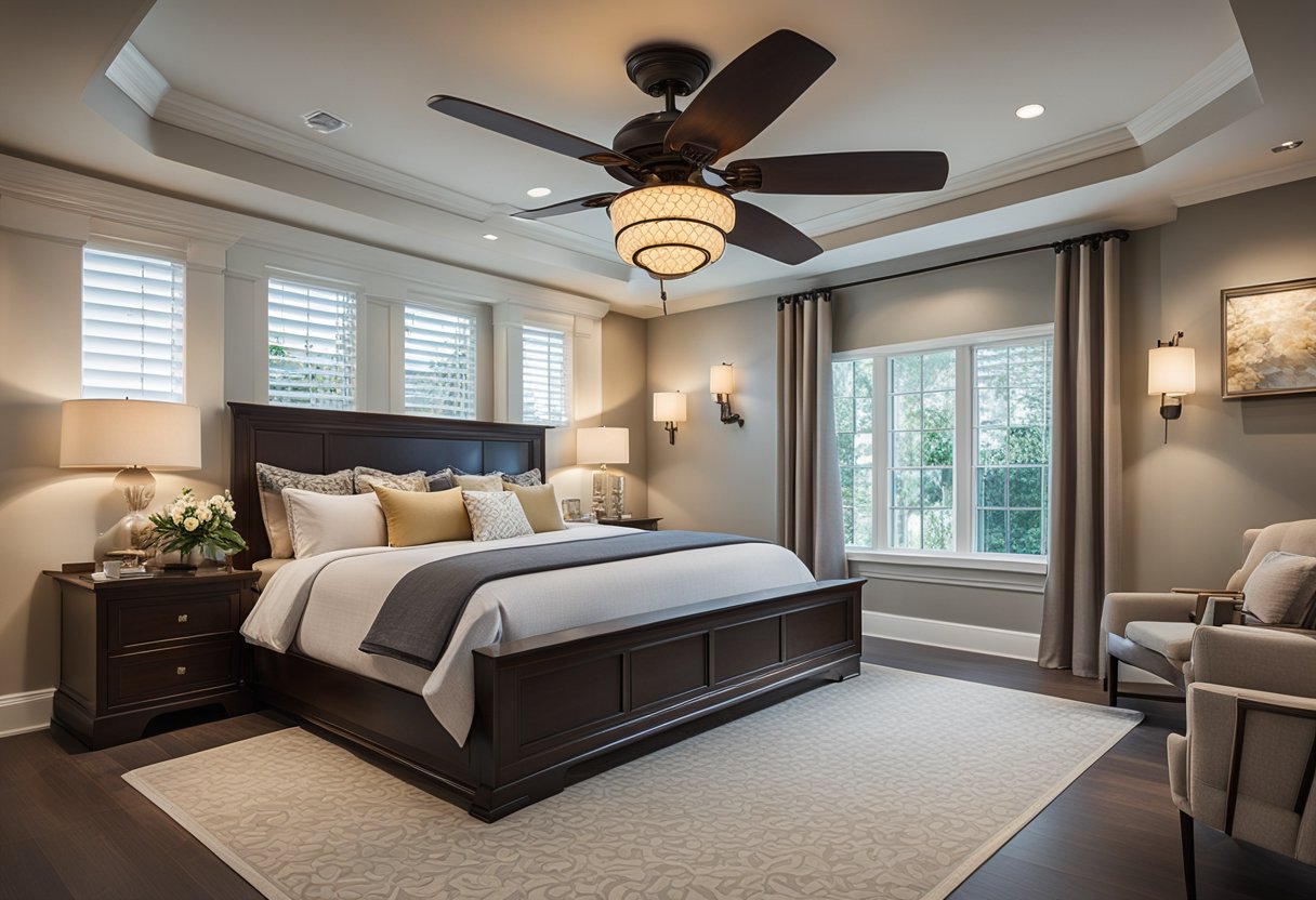 A bedroom with a high, coffered ceiling featuring a central ceiling fan with decorative blades and a soft, warm lighting fixture