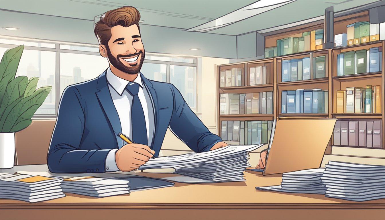 A person signs paperwork at a bank, receiving a loan to start a business. The banker smiles, handing over the money
