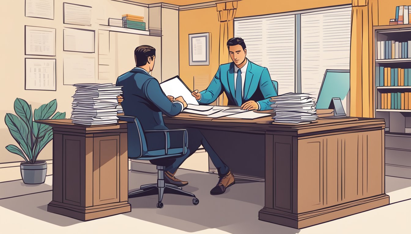 A new business owner sits at a desk, signing paperwork for a bank loan. A banker across the desk reviews the documents and nods in approval