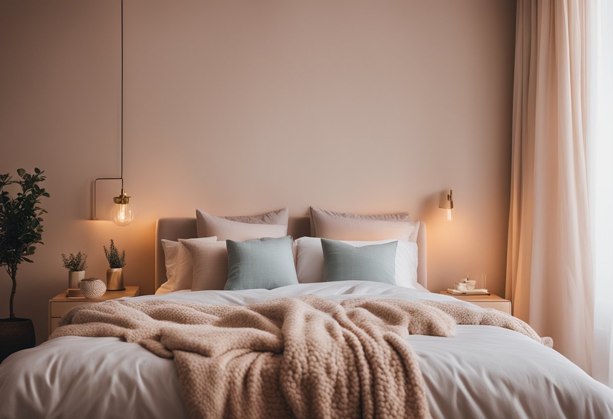 A cozy bedroom with soft, pastel-colored walls, a plush, inviting bed with fluffy pillows, and warm, natural lighting streaming in through sheer curtains