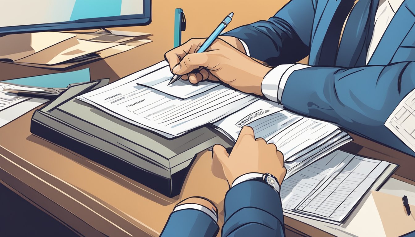A person signs a loan agreement at a Singapore bank, with a pen and paperwork on a desk