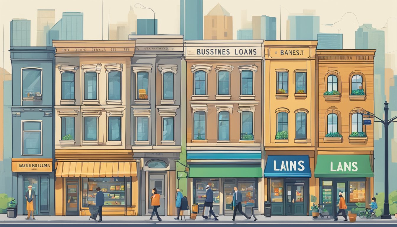 A bustling city street with a variety of businesses, from small shops to modern offices. A bank or financial institution with a sign advertising "Easiest Business Loans" stands out among the other buildings