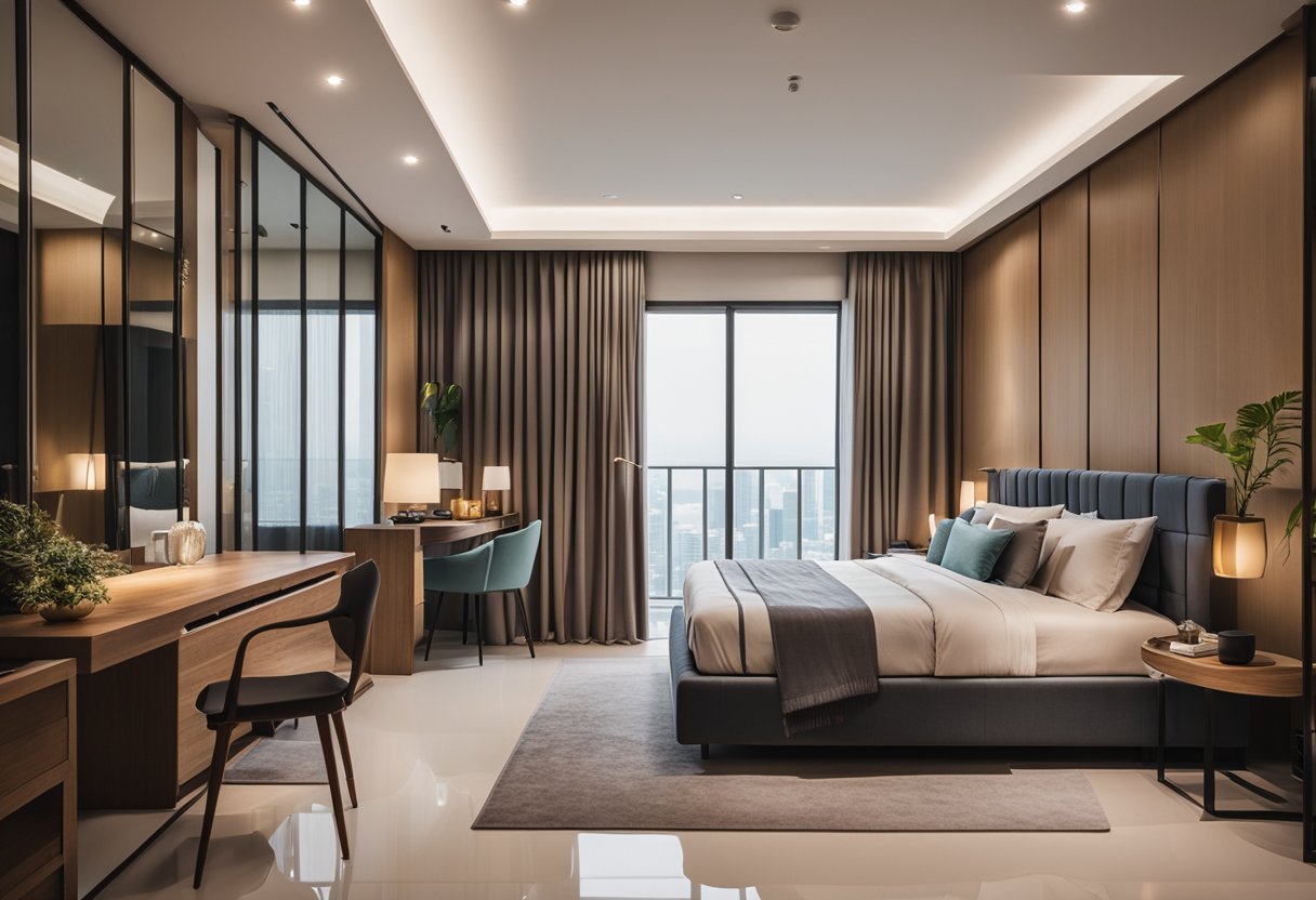 A cozy bedroom in Malaysia with modern furnishings, warm lighting, and tropical accents. A large bed with soft linens, a sleek desk, and a stylish wardrobe complete the space
