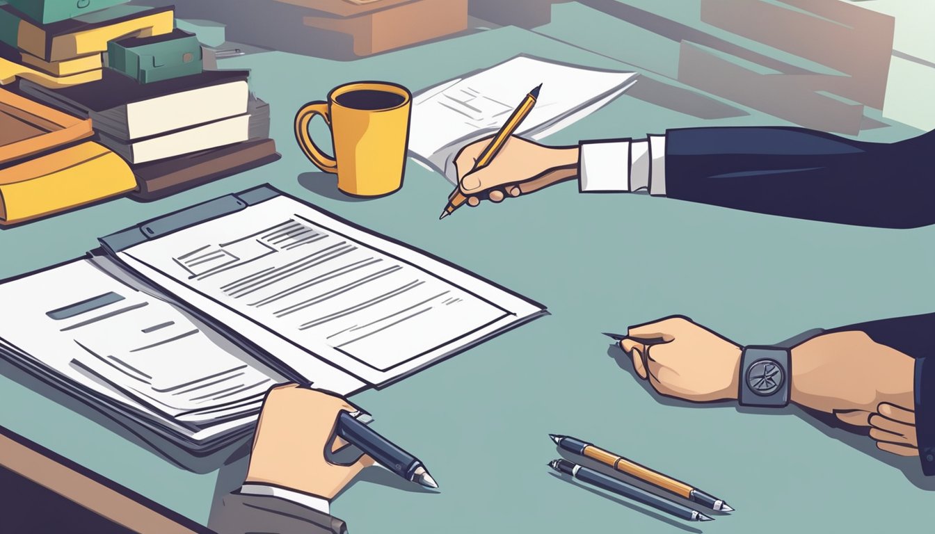 A business owner signing loan documents at a desk with a bank representative. Papers and a pen on the table. A handshake seals the deal