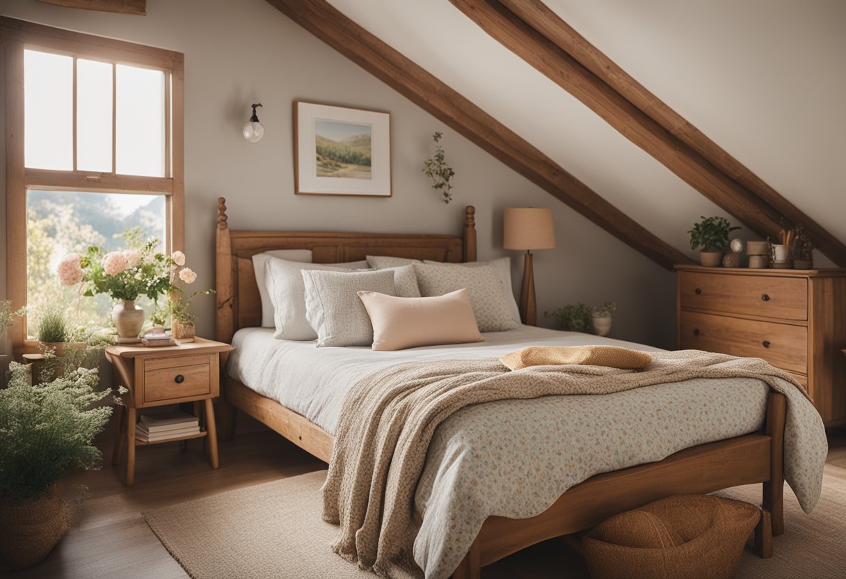 A cozy cottage bedroom with a sloped ceiling, floral wallpaper, a vintage wooden bed, and soft, pastel-colored bedding. A small window lets in natural light, and a rustic nightstand sits next to the bed