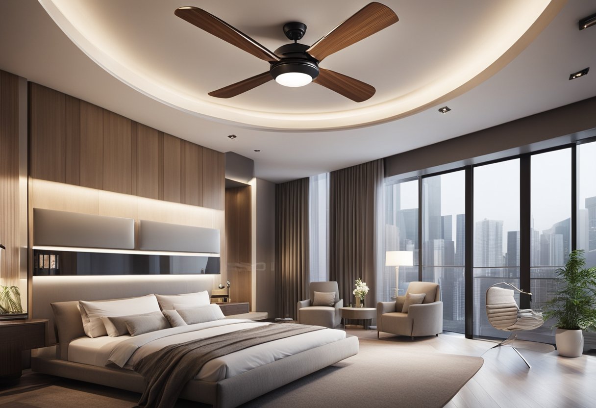 A modern bedroom with a unique ceiling design featuring a sleek fan suspended from the center