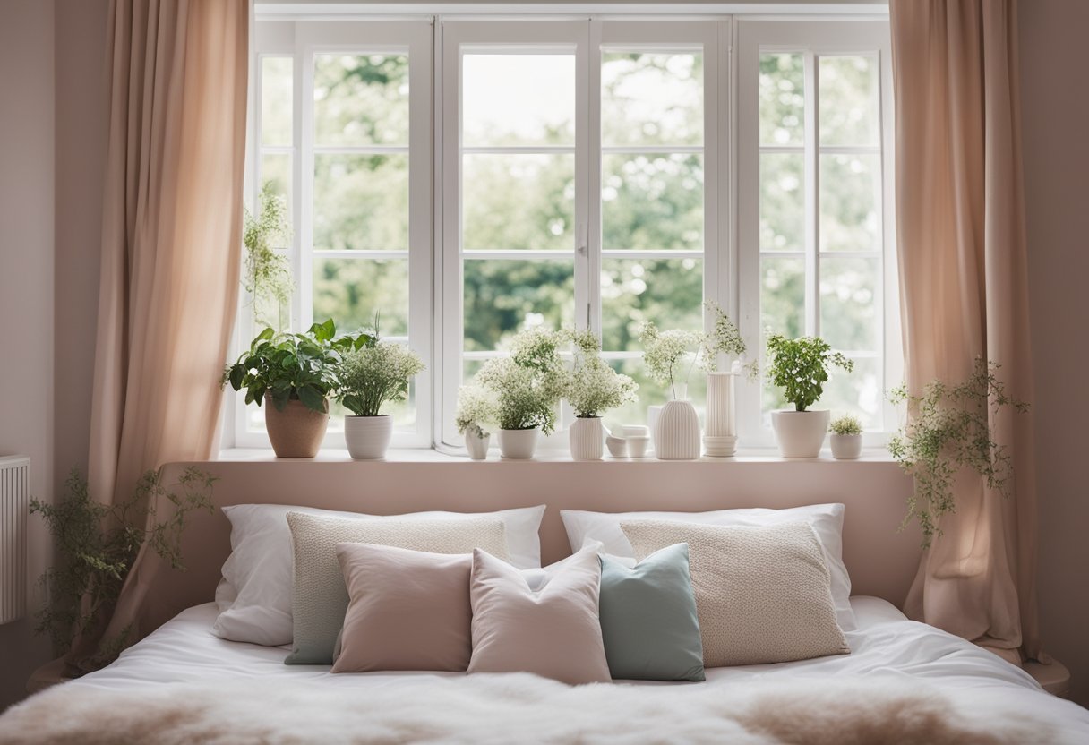 A cozy bedroom with soft, pastel-colored walls, a plush bed with fluffy pillows, and a large window overlooking a serene garden