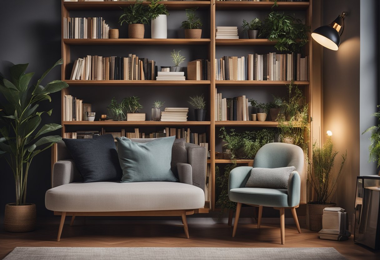 A bedroom bookshelf filled with various books, plants, and decorative items, with soft lighting and a cozy chair nearby