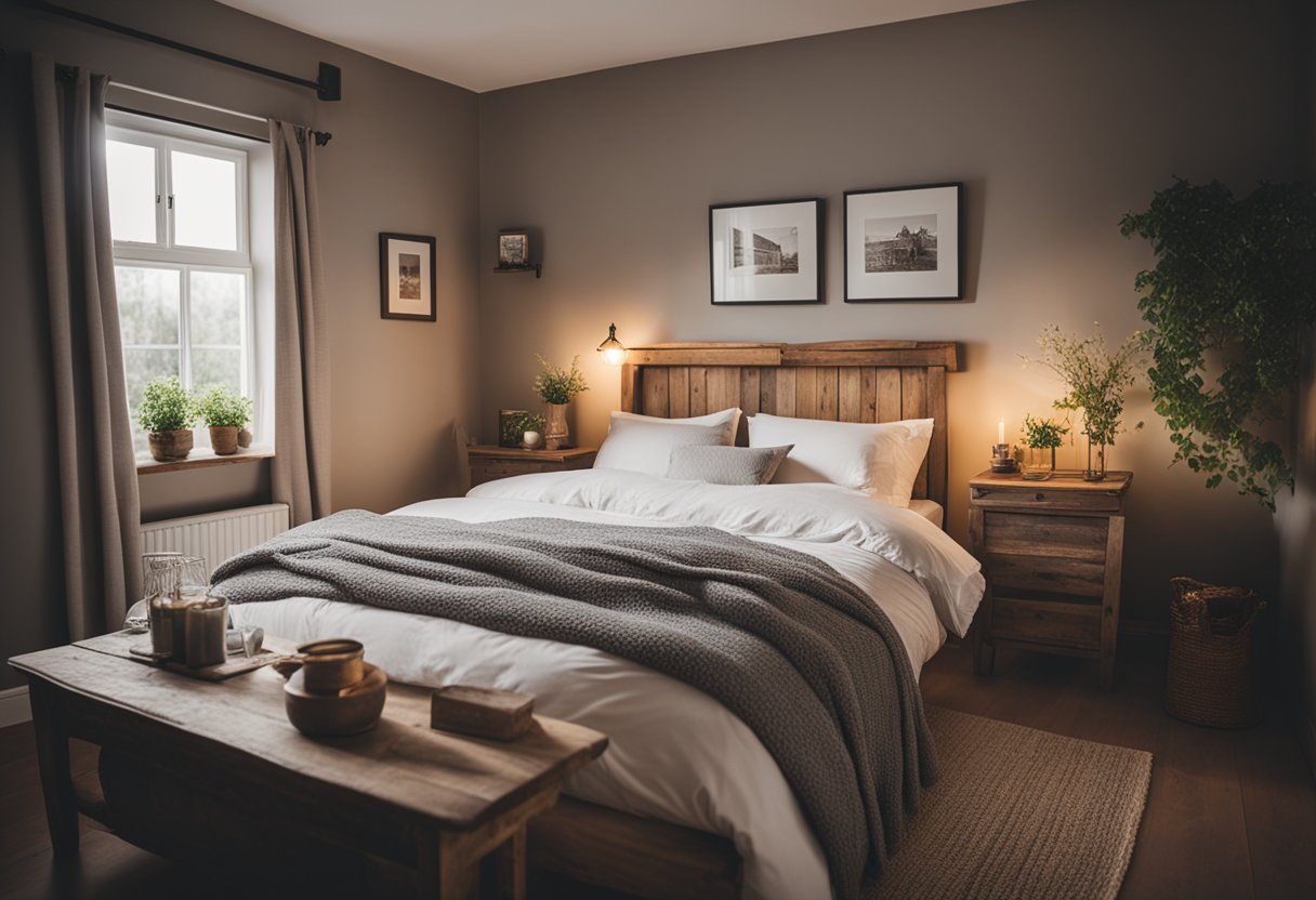 A cozy cottage bedroom with a rustic wooden bed, soft floral bedding, a vintage bedside table, and a warm fireplace