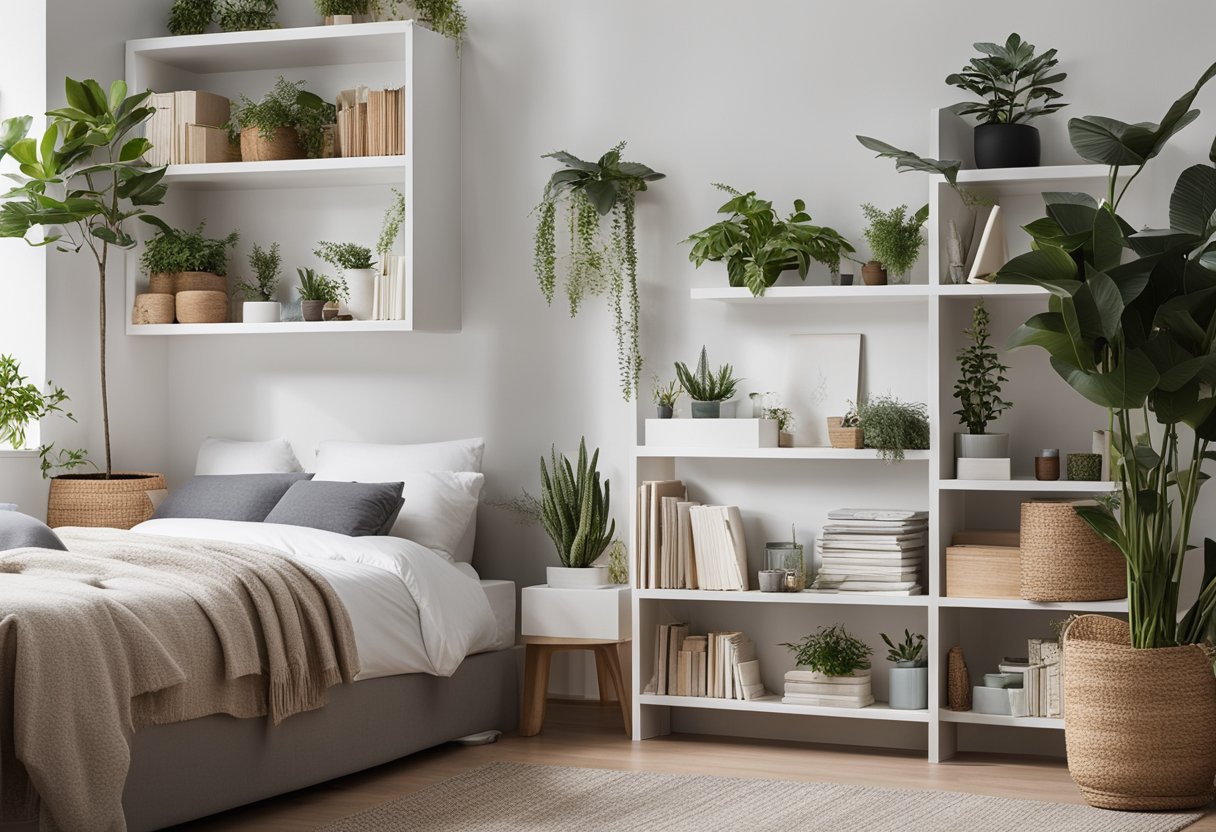 A cozy bedroom with a sleek, white bookshelf filled with books, plants, and decorative items. The shelf is neatly organized with a mix of vertical and horizontal arrangements