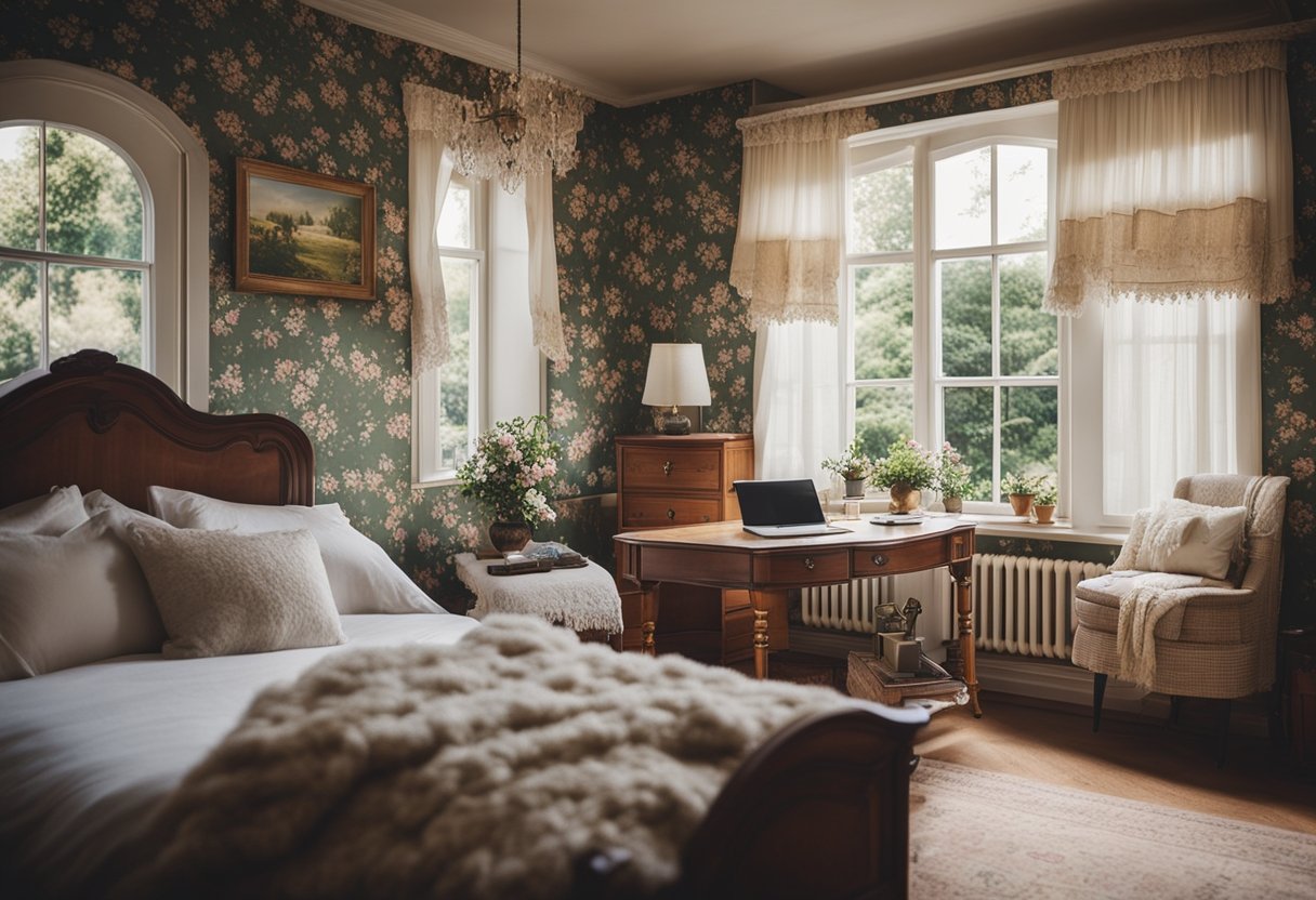A cozy cottage bedroom with floral wallpaper, a vintage four-poster bed, a fluffy area rug, and a quaint writing desk by the window