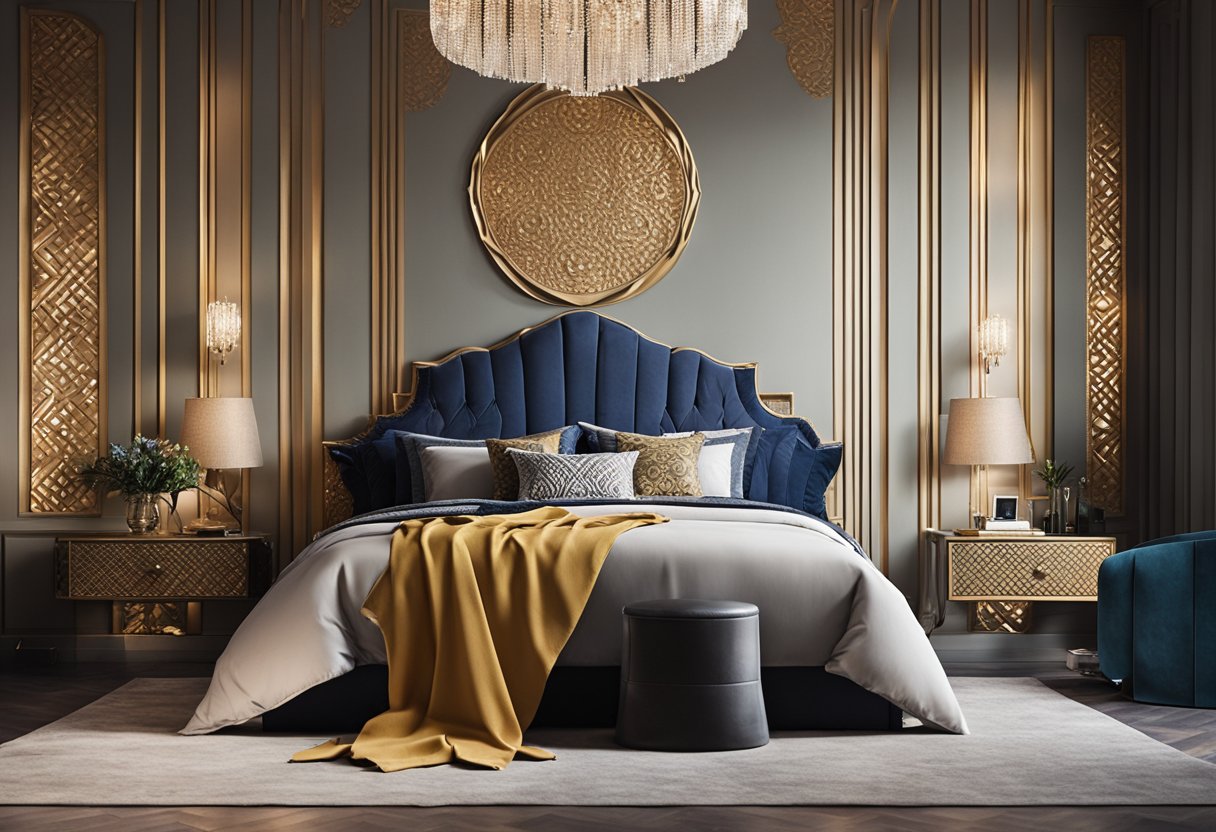 A bedroom with textured walls in royal play designs, featuring intricate patterns and rich colors