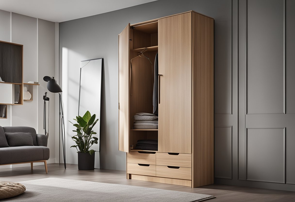 A wooden wardrobe with clean lines and minimal detailing, featuring a single door and a sleek handle
