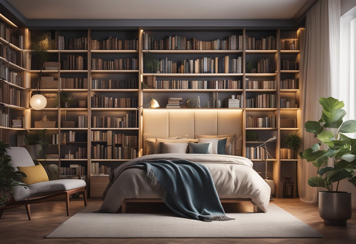 A cozy bedroom with a wall-sized bookshelf filled with books of various sizes and colors, a comfortable reading chair, and soft lighting