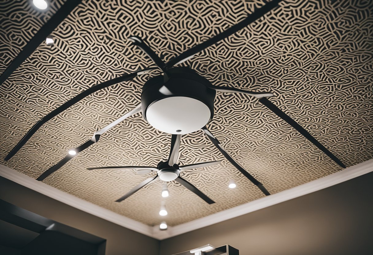 A bedroom ceiling with a modern fan centered in a geometric pattern of frequently asked questions, in a clean and minimalist style