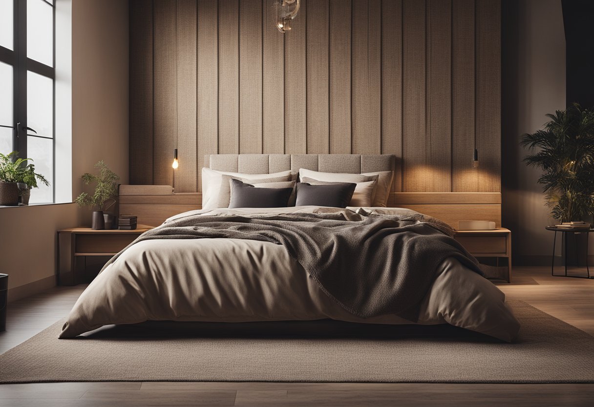 A cozy bedroom with textured walls in earthy tones, featuring a combination of smooth and rough textures, creating a sense of depth and warmth