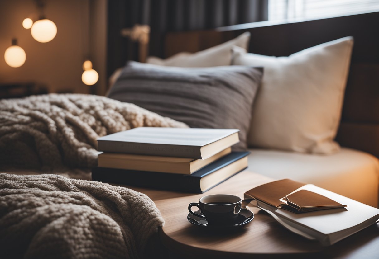A cozy bedroom with a warm color palette, a comfortable bed with plush pillows, a small desk with a laptop, and a stack of books on the nightstand