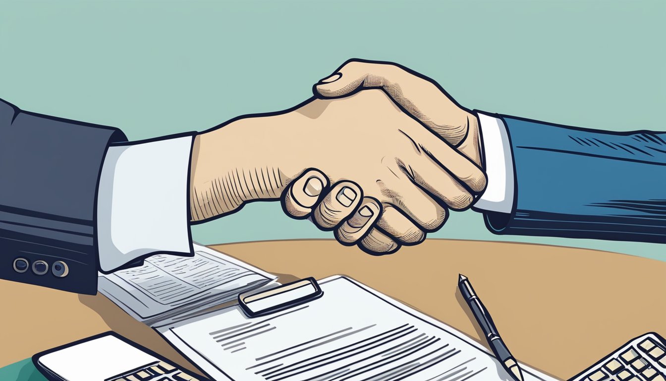 A handshake between a business owner and a banker over a signed contract. The contract is labeled "Business Loan Agreement" in bold letters