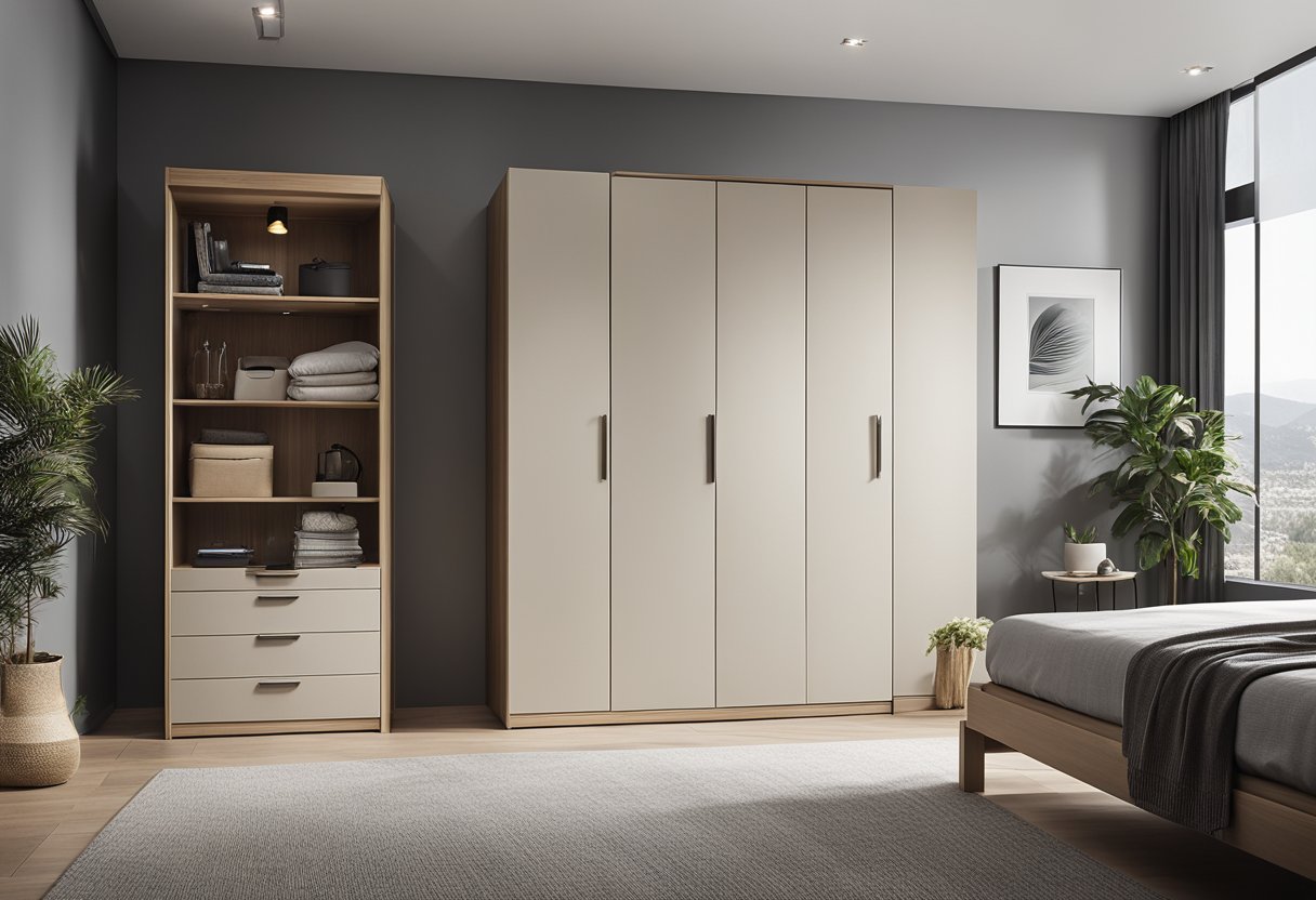 A simple bedroom cupboard with sleek, minimalist design. Clean lines, neutral colors, and efficient storage space