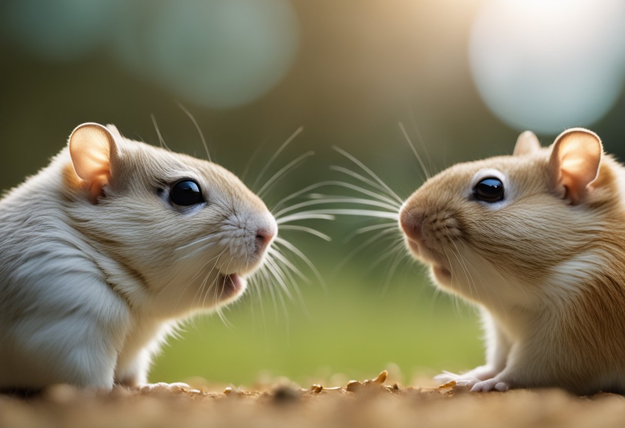 Two gerbils facing each other, noses touching in a gentle nuzzle