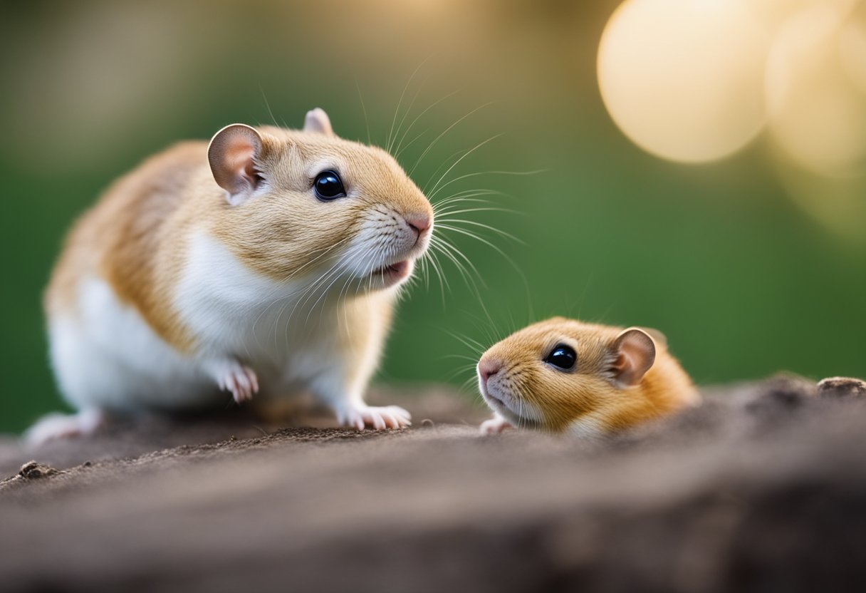 Two gerbils interact, one leans towards the other, showing signs of affection or curiosity