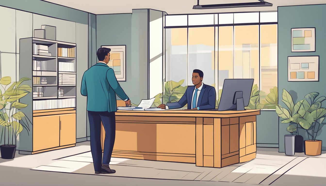 A business owner submitting financial documents and meeting with a loan officer in a bank office to discuss eligibility requirements for a business loan