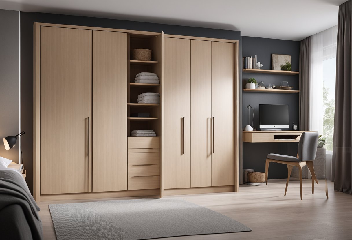 The bedroom cupboard has a simple design with sleek, clean lines and minimalistic hardware. The doors are smooth and unadorned, with a subtle wood grain texture